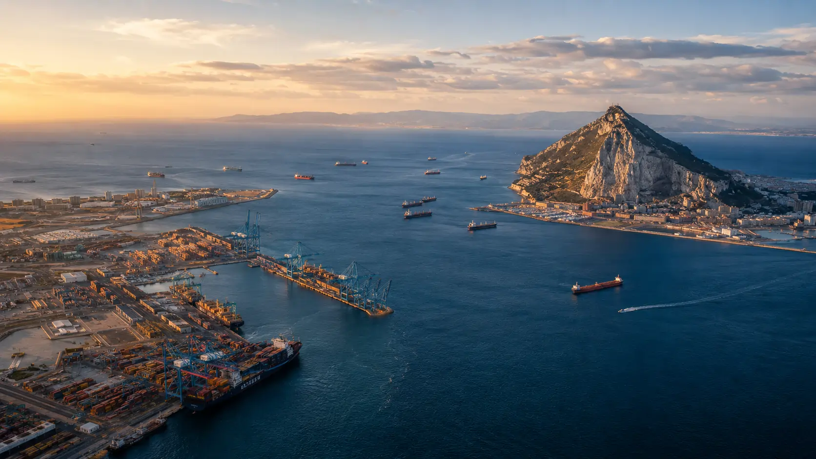 Aerial view of the Bay of Algeciras port complex at golden hour with the Rock of Gibraltar on the eastern shore and the Strait of Gibraltar opening south toward the Moroccan coast